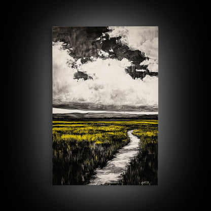 Field Pathway, dreamy landscape painting, country road art, scenic nature wall decor, calming yellow tones, framed canvas print, entryway