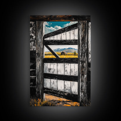 Barn Door View, Mountain Escape, Rustic Scene, Framed Canvas Print, Western Wall Art, Cabin Decor, Farmhouse Style, Country Living