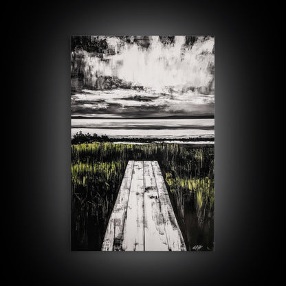 Pathway Beach Scene, Serene Coastal Art, Black and White Landscape, Modern Wall Decor, Relaxing Nature Framed Canvas Print, Office Art