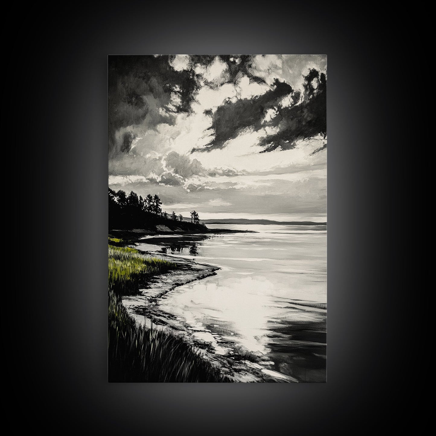 Moody Landscape, Black and White Art, Dramatic Sky, Coastal Scene, Nature Painting, Modern Home Decor, Minimalist Style, Framed Canvas Print