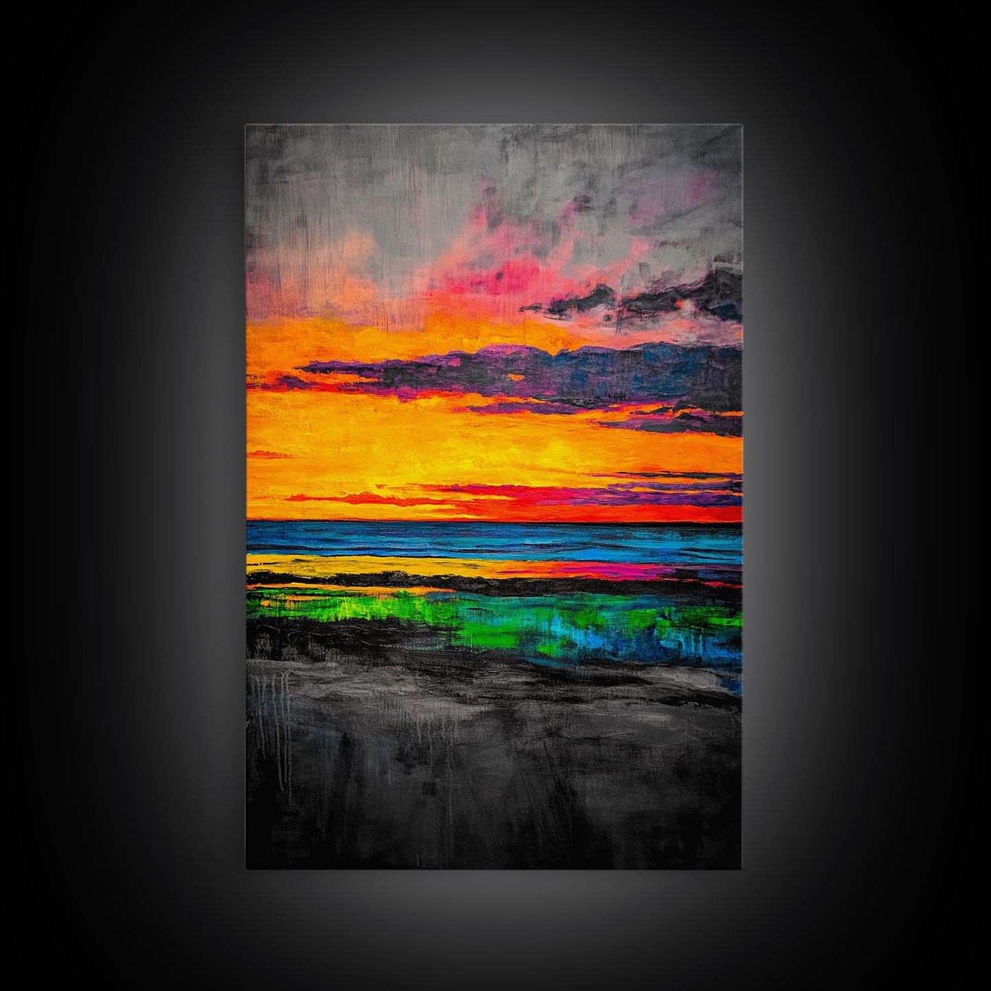 Sunset Glow, Vibrant Landscape, Nature Art, Framed Canvas Print, Dramatic Sky Painting, Fall Home Decor, Large Wall Art, Beach Scene