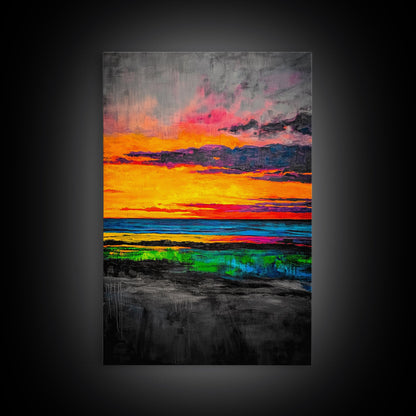 Sunset Glow, Vibrant Landscape, Nature Art, Framed Canvas Print, Dramatic Sky Painting, Fall Home Decor, Large Wall Art, Beach Scene