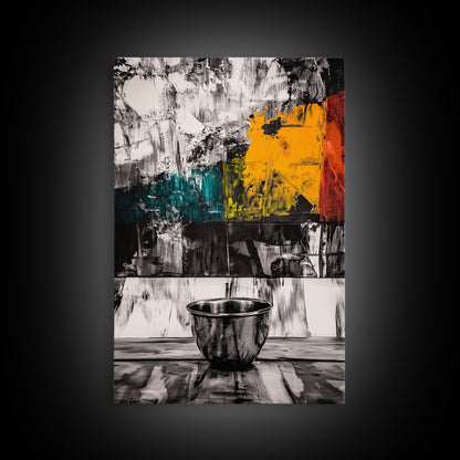 Metal Bowl, Industrial Kitchen Art, Abstract Still Life, Black and White Wall Decor, Modern Framed Canvas Print, Minimalist Aesthetic