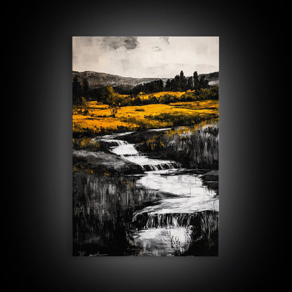 Golden Meadow, Nature Landscape, Rustic Wall Art, Framed Canvas Print, Country Farmhouse Decor, Waterfall Painting, Fall Vibes