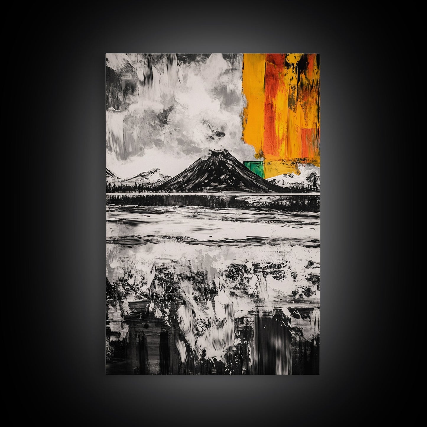 Volcano Landscape, Abstract Nature Art, Bold Modern Painting, Framed Canvas Print, Monochrome Mountains, Adventure Wall Decor