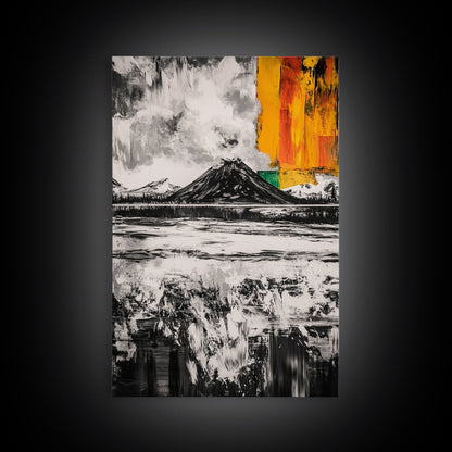 Volcano Landscape, Abstract Nature Art, Bold Modern Painting, Framed Canvas Print, Monochrome Mountains, Adventure Wall Decor