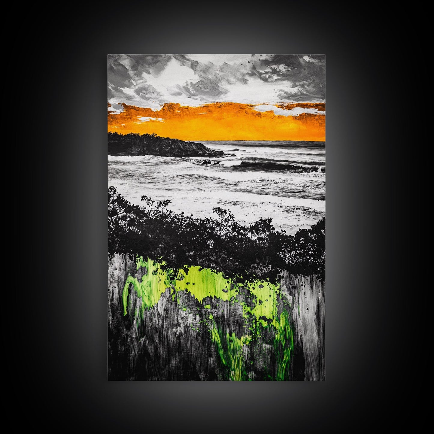 Sunset Ocean, Coastal Wall Art, Black White Seascape, Framed Canvas Print, Beach House Decor, Dramatic Sky, Nautical Artwork