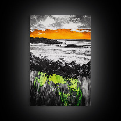 Sunset Ocean, Coastal Wall Art, Black White Seascape, Framed Canvas Print, Beach House Decor, Dramatic Sky, Nautical Artwork