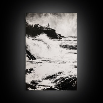 Ocean Waves, Seascape Painting, Framed Canvas Print, Beach House Decor, Nautical Wall Art, Black and White Art, Coastal Living Room