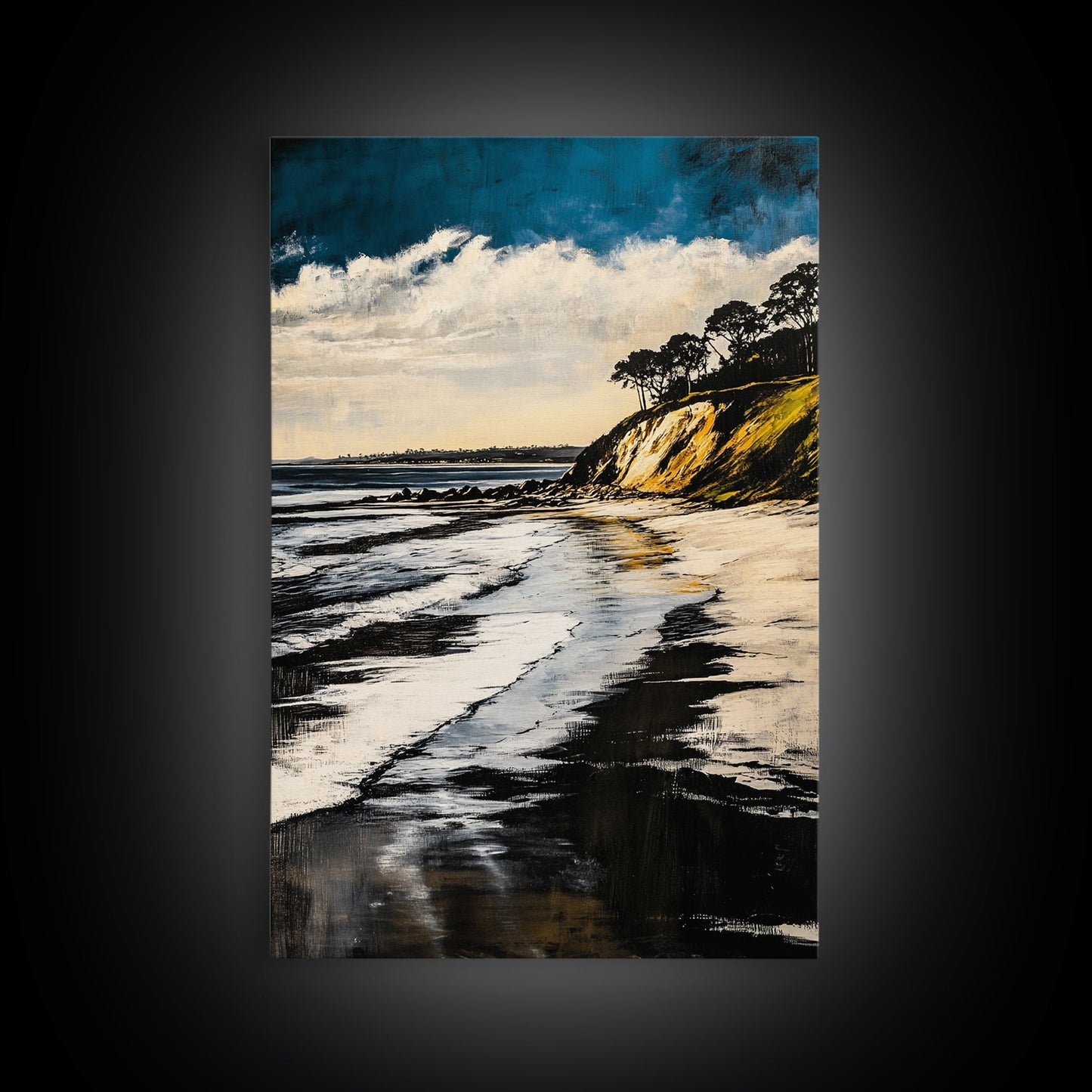 Sunset Beach, Cliffside View, Ocean Landscape, Nature Wall Art, Framed Canvas Print, Coastal Home Decor, Golden Hour, Serene Scene