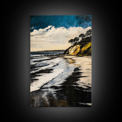 Sunset Beach, Cliffside View, Ocean Landscape, Nature Wall Art, Framed Canvas Print, Coastal Home Decor, Golden Hour, Serene Scene