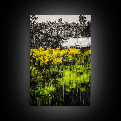 Wildflowers, Abstract Meadow, Colorful Landscape, Modern Wall Art, Framed Canvas Print, Boho Decor, Vibrant Nature, Yellow Green Art