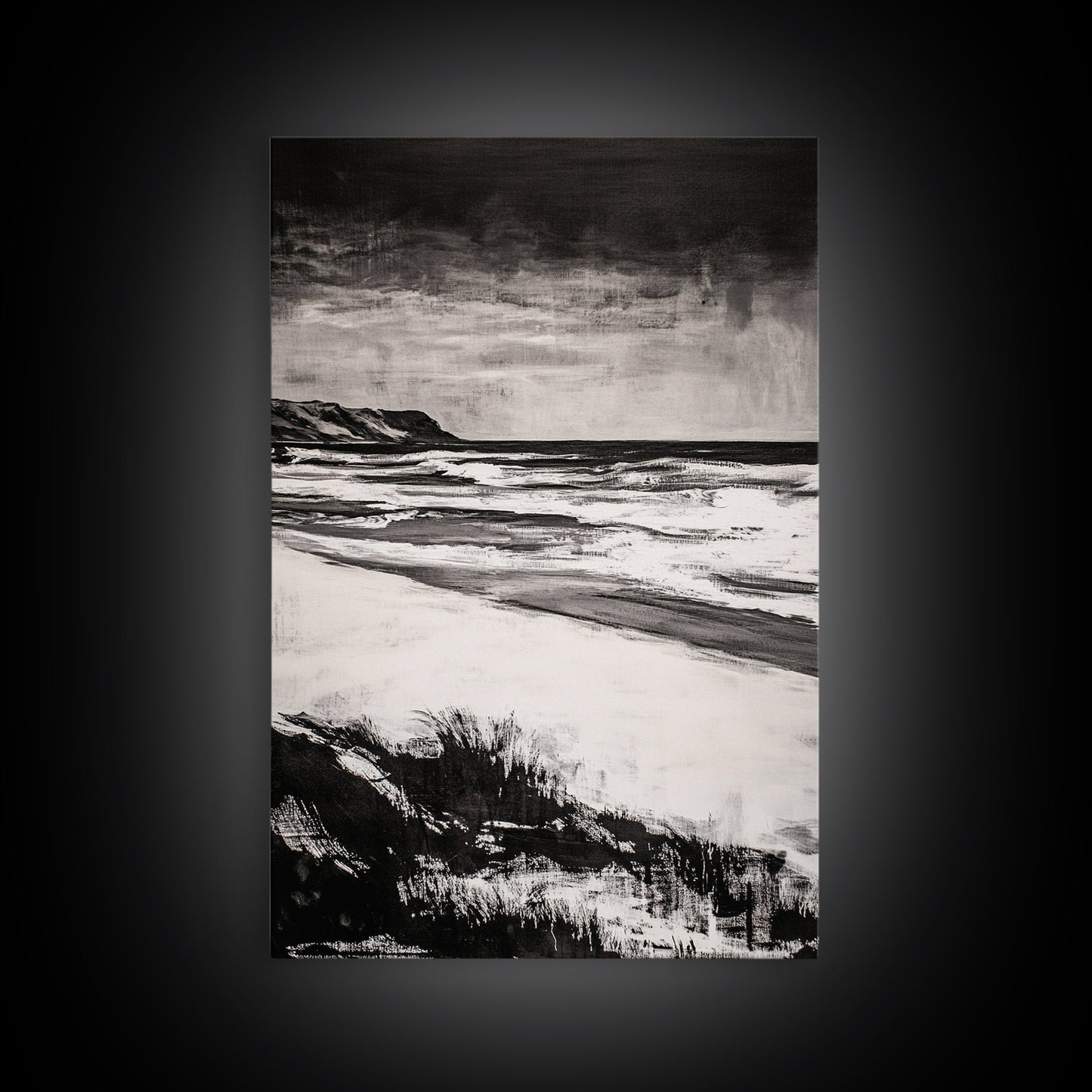 Black and White Beach, Stormy Ocean, Dramatic Seascape, Moody Wall Art, Framed Canvas Print, Minimalist Decor, Coastal Storm