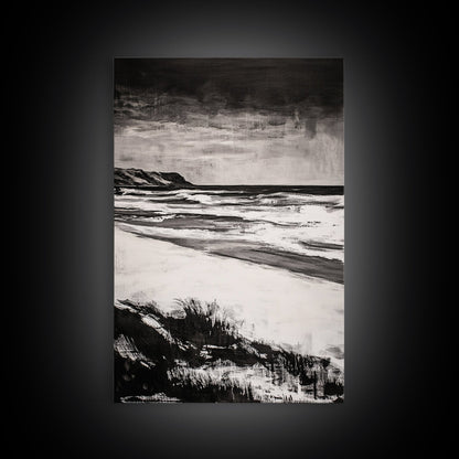 Black and White Beach, Stormy Ocean, Dramatic Seascape, Moody Wall Art, Framed Canvas Print, Minimalist Decor, Coastal Storm