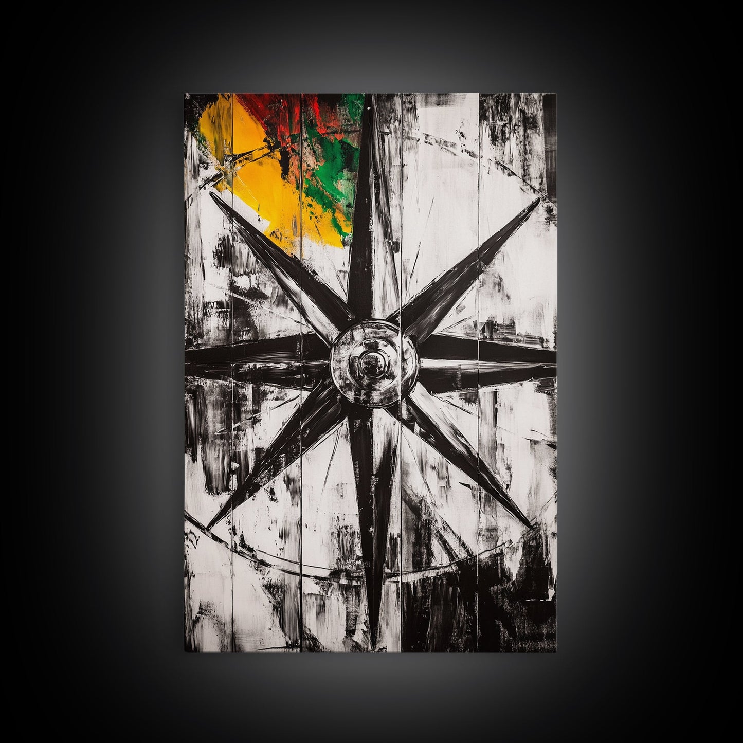 Kompassrose, nautisches Symbol, abstraktes Design, Leinwanddruck, Schwarz-Weiß-Kunst, Küsten-Wanddekoration, moderne minimalistische Kunst