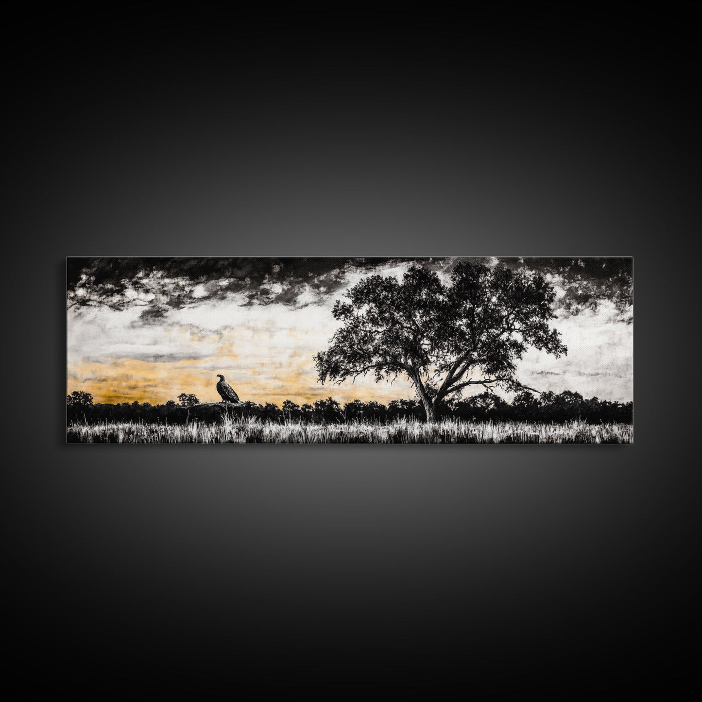 Lone Eagle and Tree, Dramatic Sunset Art, Wildlife Wall Decor, Rustic Nature Print, Framed Canvas Print, Office or Living Room Art