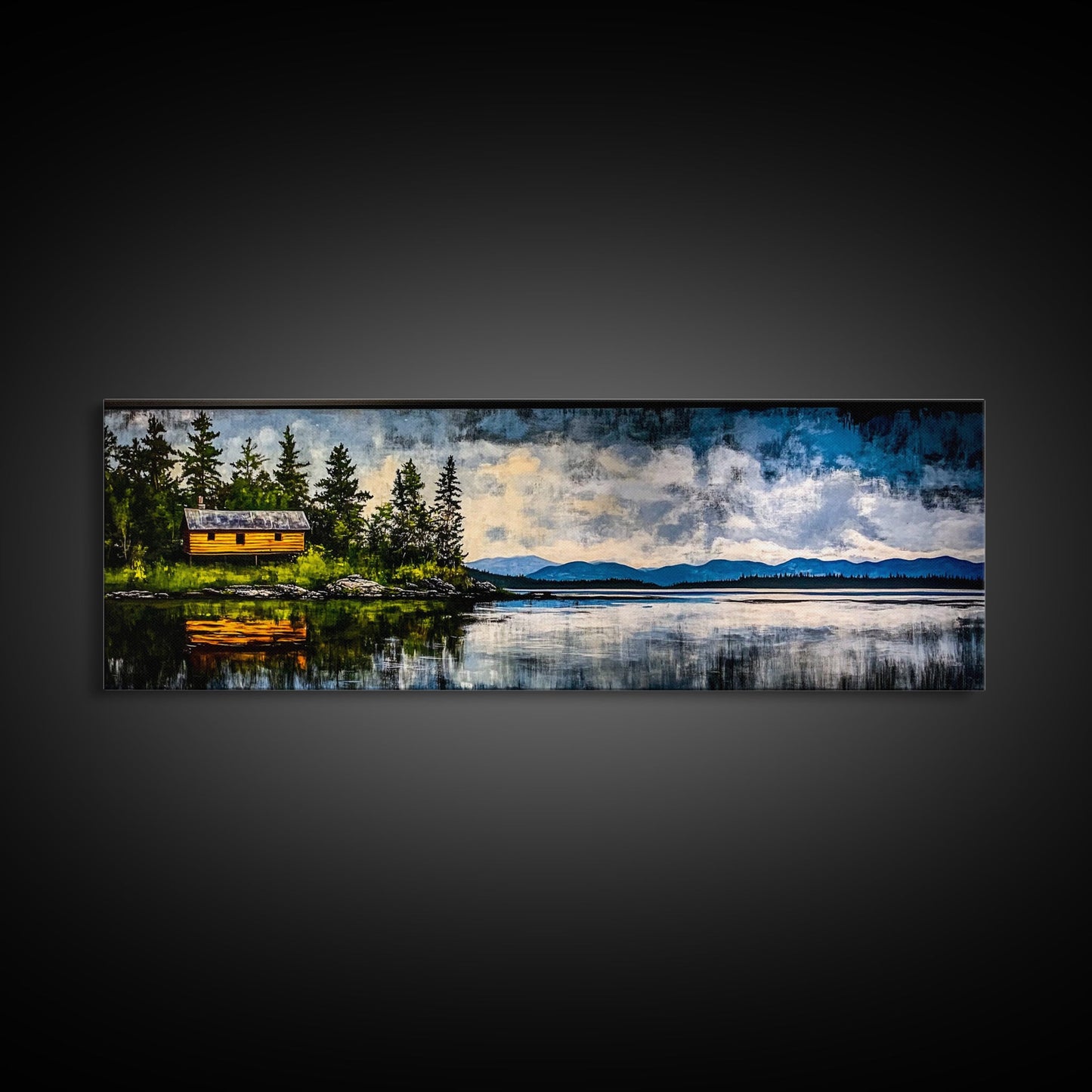 Cabin on the Lake, Peaceful Landscape, Nature Lover Art, Framed Canvas Print, Mountain View, Serene Wall Decor, Scenic Painting