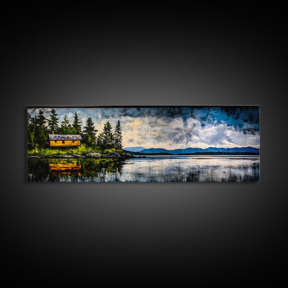 Cabin on the Lake, Peaceful Landscape, Nature Lover Art, Framed Canvas Print, Mountain View, Serene Wall Decor, Scenic Painting