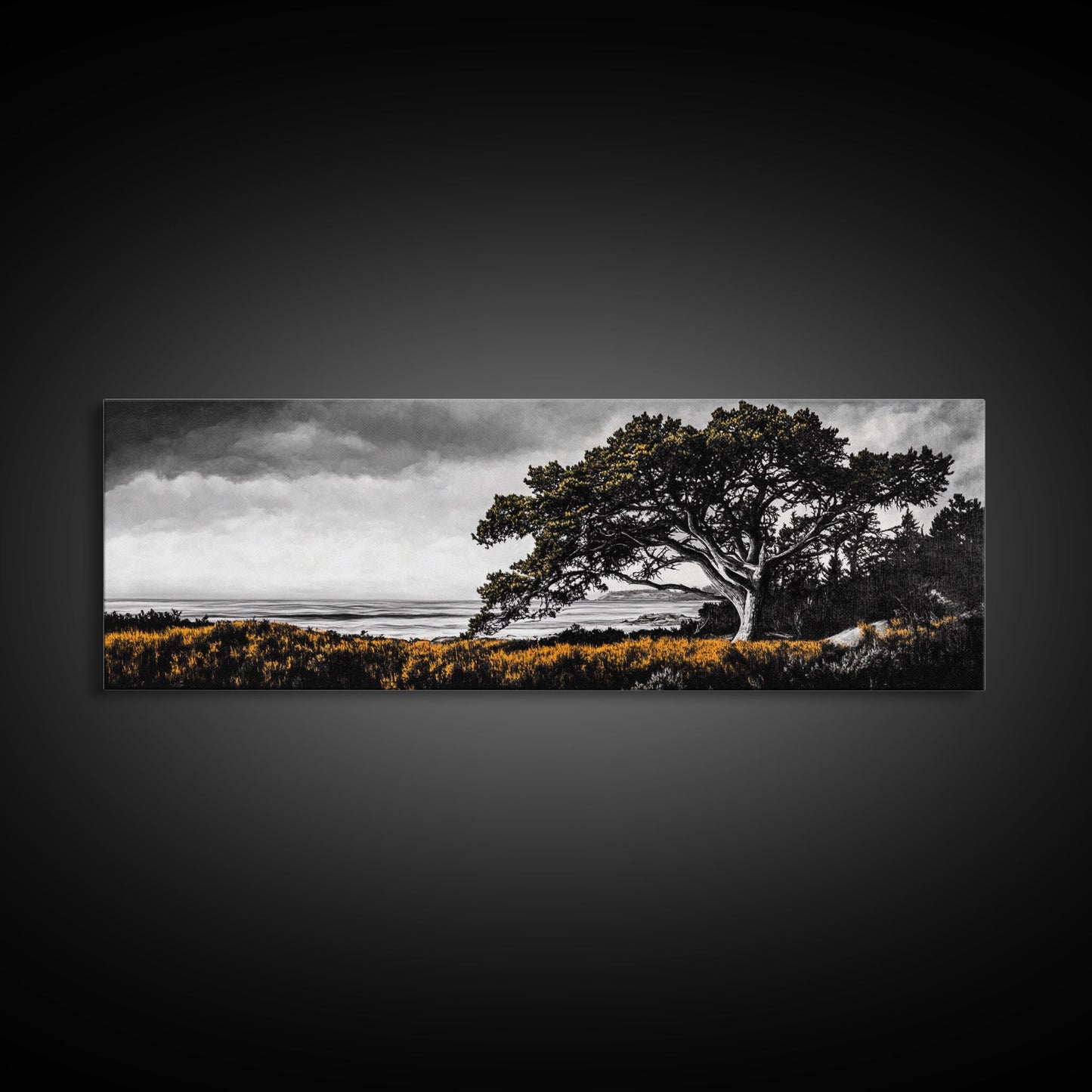 Lone Tree, Coastal Landscape, Nature Painting, Dramatic Sky, Canvas Print, Serene Wall Art, Living Room Decor, Zen Artwork