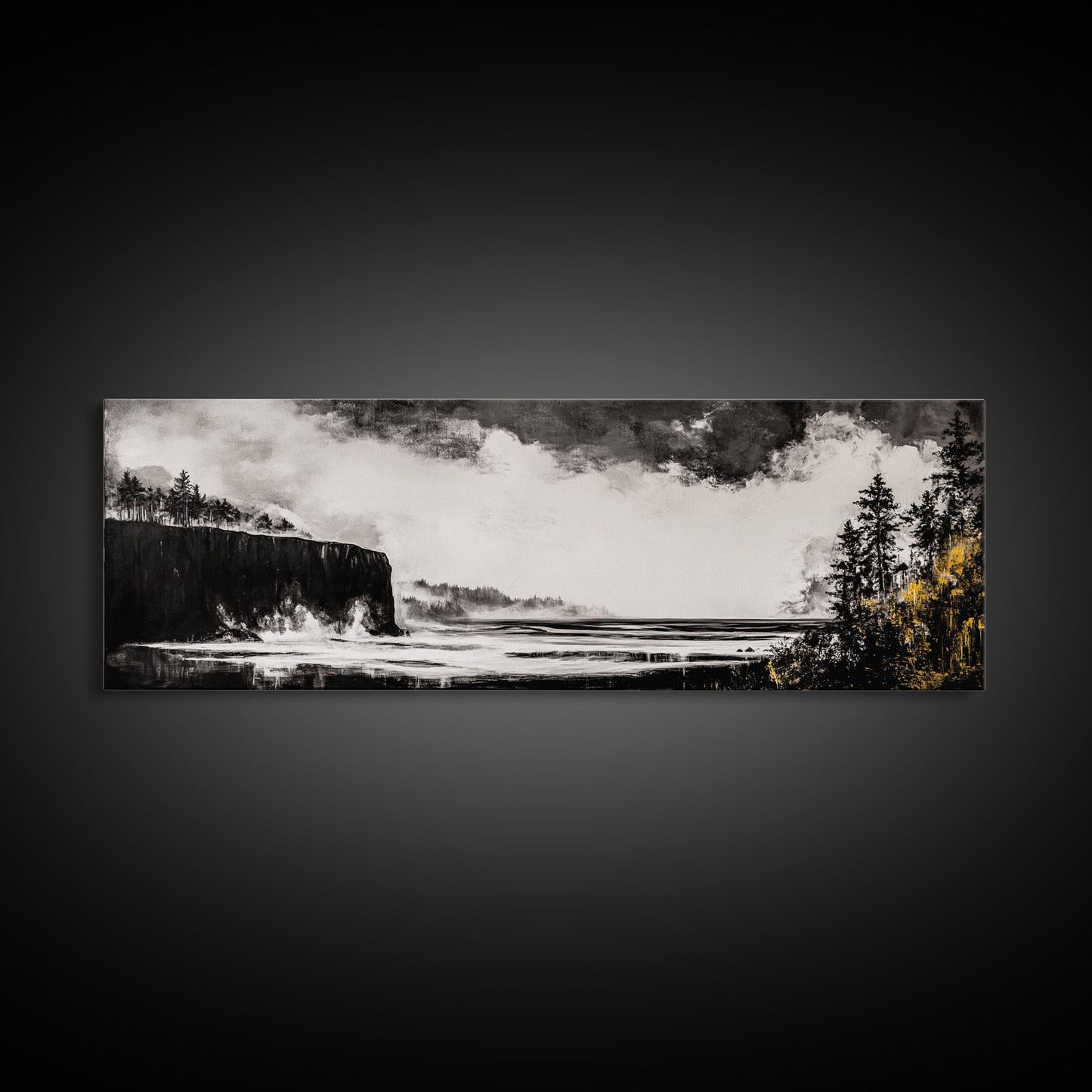 Steilküste, dramatisches Meerespanorama, stimmungsvolle Küste, monochrom, gerahmter Leinwanddruck, Küsten-Wandkunst, nautische Dekoration, großes Wandbild