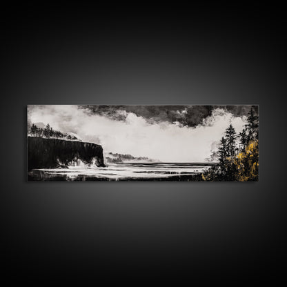 Steilküste, dramatisches Meerespanorama, stimmungsvolle Küste, monochrom, gerahmter Leinwanddruck, Küsten-Wandkunst, nautische Dekoration, großes Wandbild