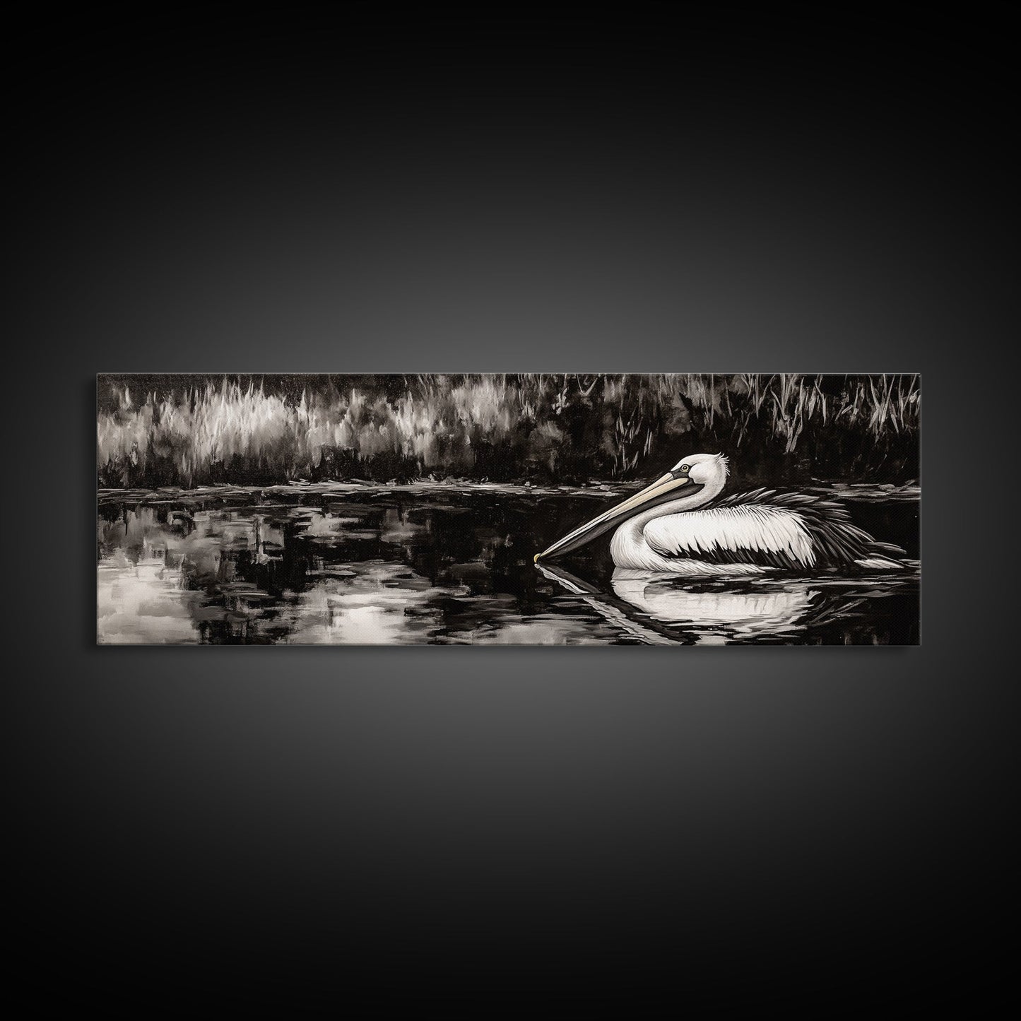 Pelican Reflection, Black White, Wildlife Art, Canvas Print, Nature Wall Art, Coastal Home Decor, Bird Lovers Gift, Monochrome Photography