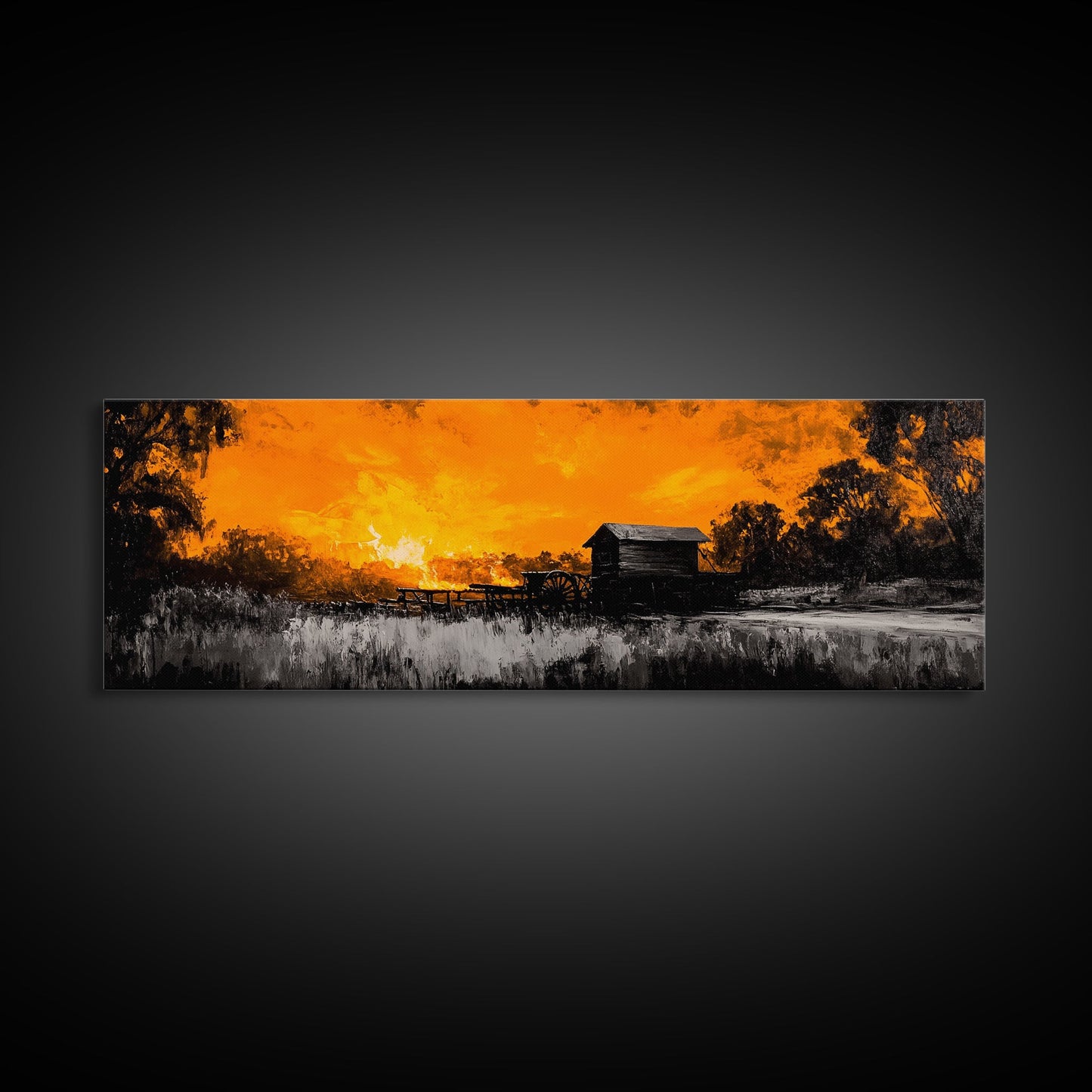 Farm Sunset, Old Barn, Fiery Sky, Rustic Landscape, Framed Canvas Print, Country Wall Art, Western Home Decor, Harvest Season Artwork