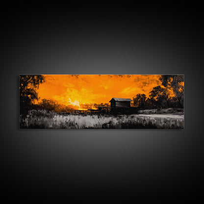 Farm Sunset, Old Barn, Fiery Sky, Rustic Landscape, Framed Canvas Print, Country Wall Art, Western Home Decor, Harvest Season Artwork