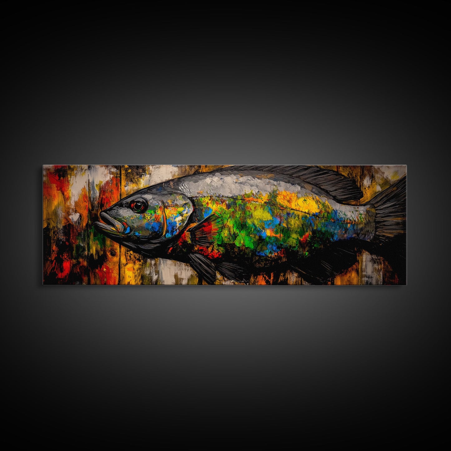 Colorful Fish, Rustic Wood, Vibrant Art, Wildlife Painting, Framed Canvas Print, Nature Wall Art, Fishing Cabin Decor, Unique Gift Idea