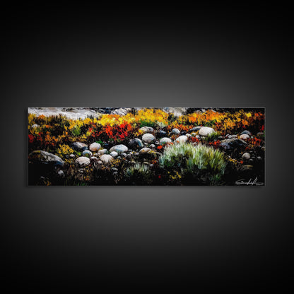 Rocky Shoreline, Wildflowers, Coastal Landscape, Framed Canvas Print, Autumn Beach Scene, Rustic Nature Painting, Entryway Wall Art