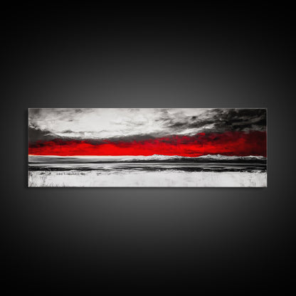 Red Sky Landscape, Dramatic Sunset Painting, Abstract Mountain Art, Modern Wall Art, Bold Color Decor, Office Wall Art, Framed Canvas Print