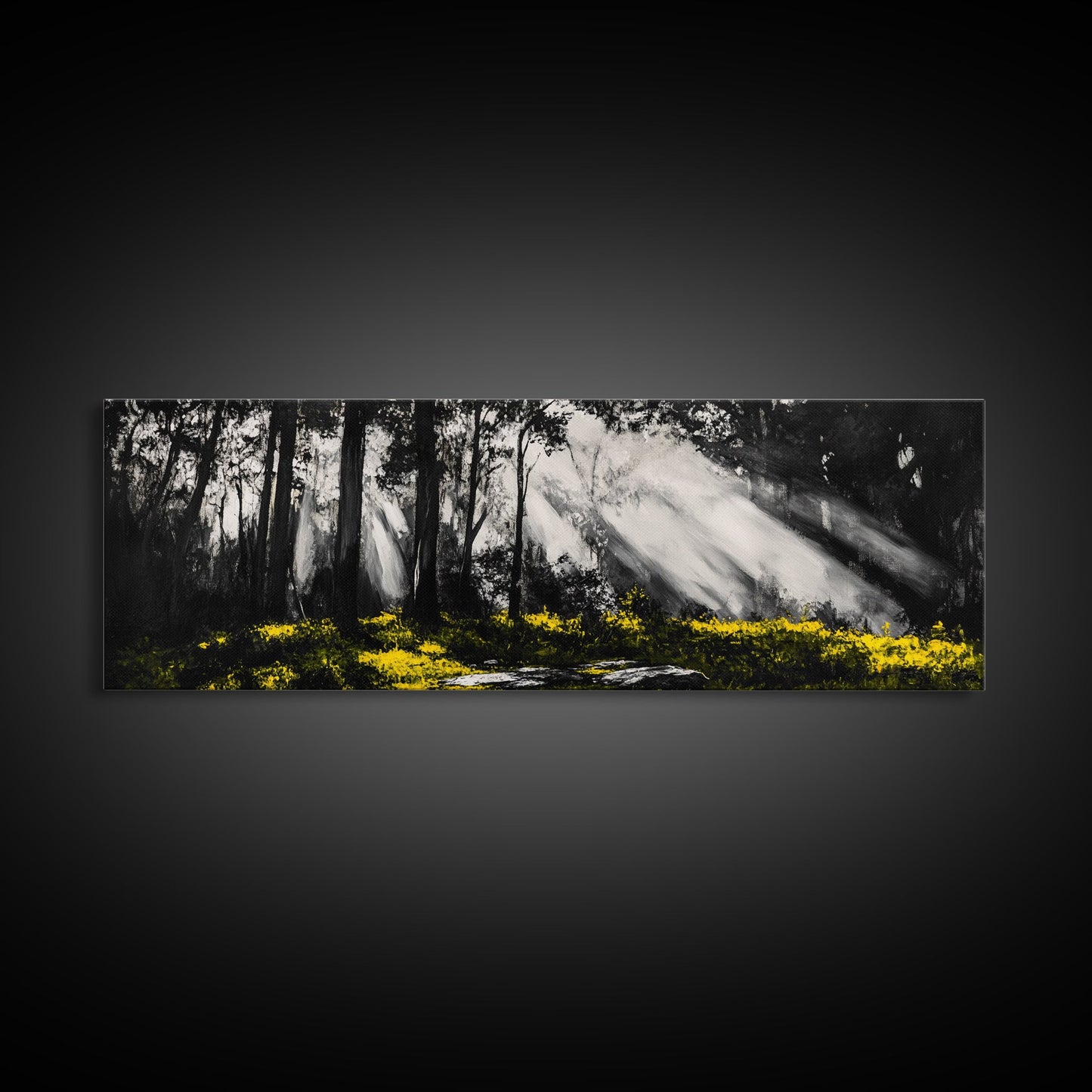 Sunbeam Forest Art, Black and White Painting, Abstract Landscape, Rustic Home Decor, Mystical Woods Artwork, Living Room Wall Art, Canvas Print