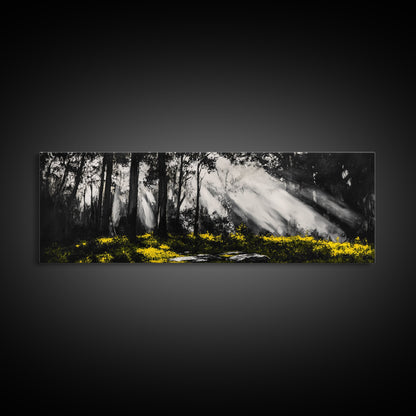 Sunbeam Forest Art, Black and White Painting, Abstract Landscape, Rustic Home Decor, Mystical Woods Artwork, Living Room Wall Art, Canvas Print