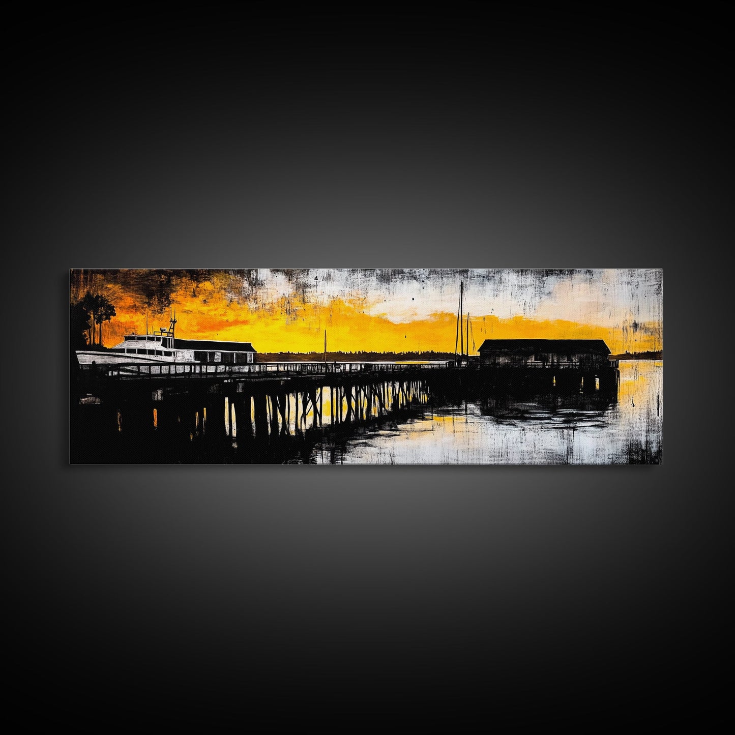 Sunset Pier, Coastal Wall Art, Nautical Art, Framed Canvas Print, Rustic Wall Decor, Boho Art, Living Room Art, Boat Painting