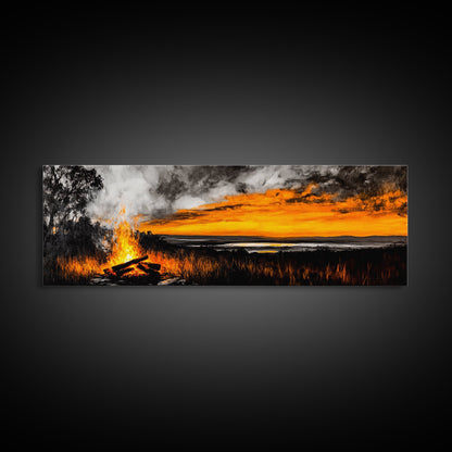 Sunset Bonfire, Rustic Art, Cozy Cabin Decor, Canvas Print, Fall Landscape, Nature Wall Art, Warm Glow Artwork, Mountain Retreat Art