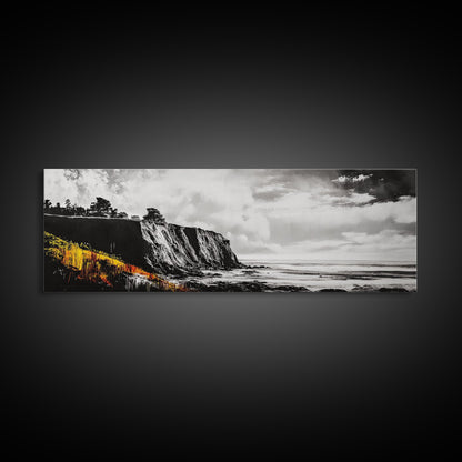 Coastal Cliff Painting, Black and White Seascape, Ocean View Artwork, Modern Nautical Decor, Beach House Wall Art, Framed Canvas Print
