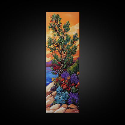 Sunset Tree, Wildflowers Desert, Canvas Print, Autumn sunset art, southwestern nature decor, boho fall home accent, canyon wall painting