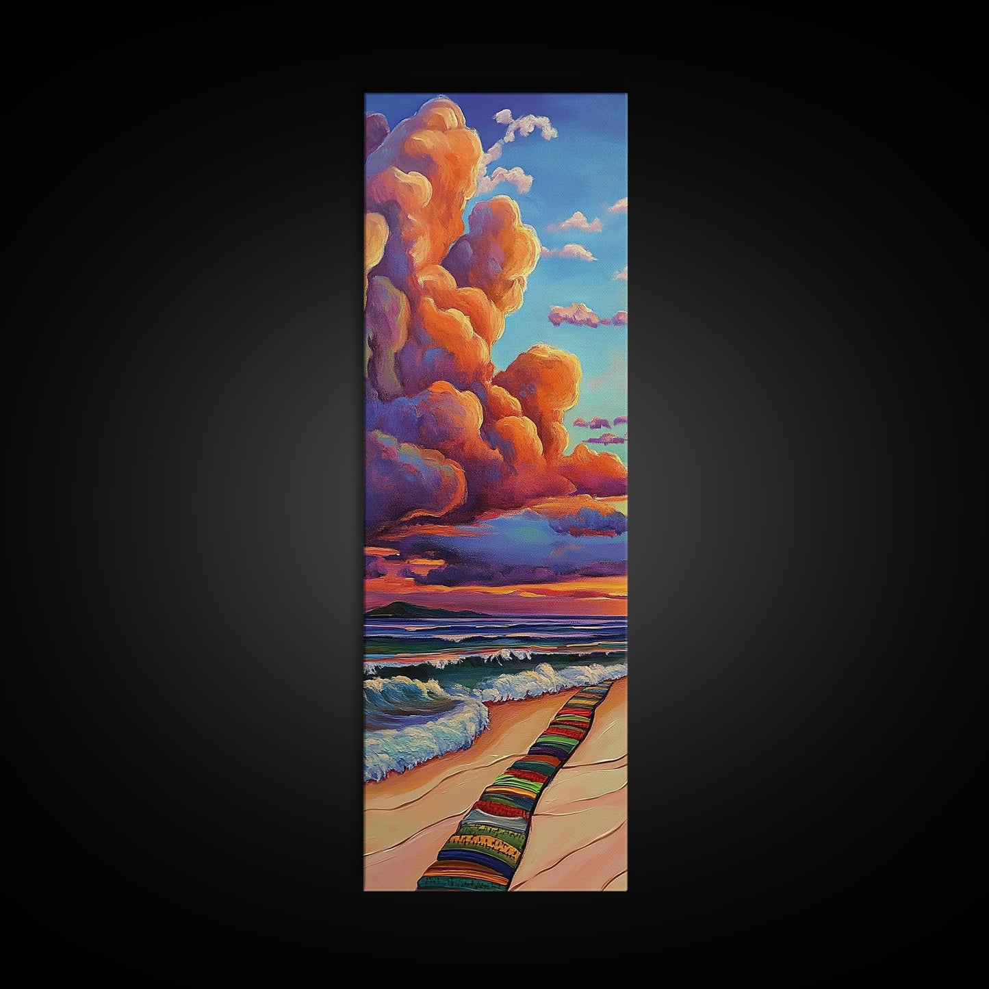 Ocean, Sunset, Blankets, Beach - Framed Canvas Print, Cozy Coastal Wall Art, Warm Sunset Beach Decor, Serene Bedroom, Entryway Accent