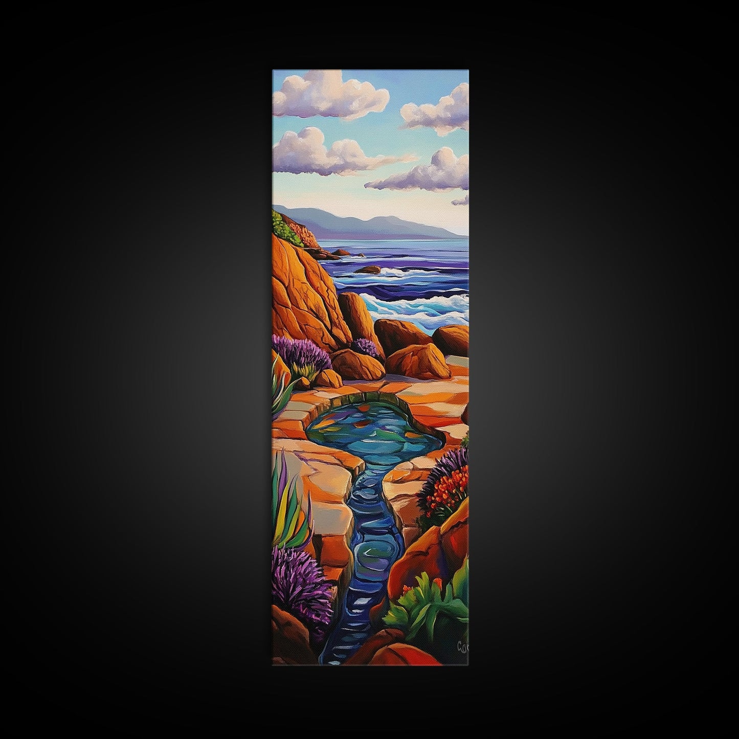 Waves Rocks, Ocean, Pastel, Framed Canvas Print, Crashing wave pastel seascape painting, calming ocean wall decor, coastal home design