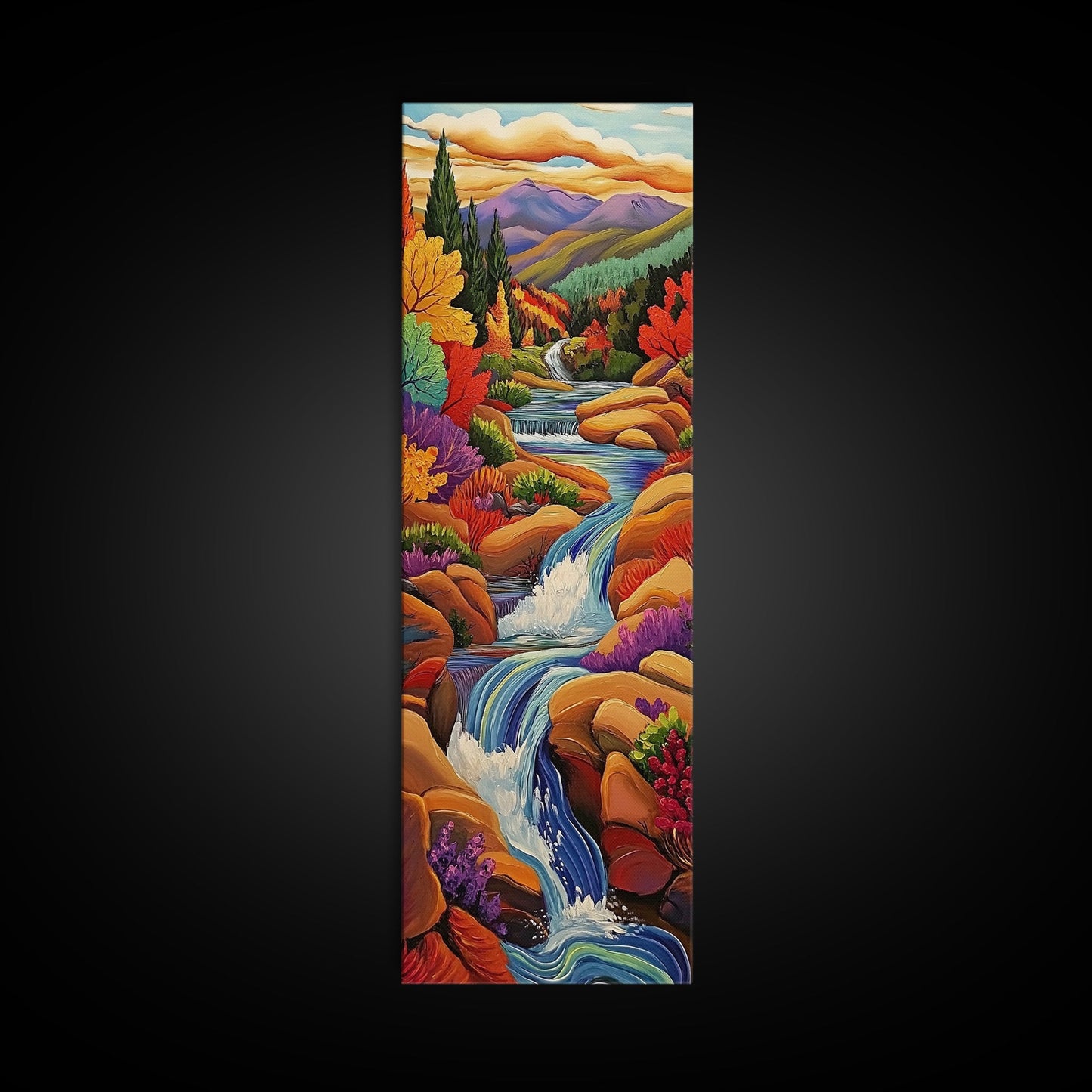 Autumn Waterfall, Mountain, River — Canvas Print of fall mountain river scene, great for Rustic Cabin Decor or Autumn Living Room Wall Art