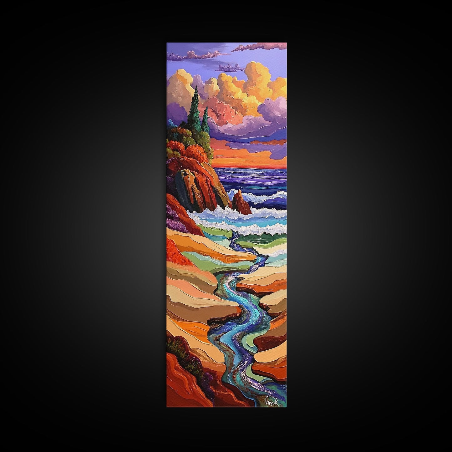 Sunset Coast, Stream Meets Ocean, Abstract Nature, Framed Canvas Print, Fall Wall Art, Colorful Beach Living Room Decor