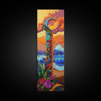 Sunset Waves, Flowers, Canvas Print, Tropical sunset beach painting with waves and floral details, boho decor, hallway wall art