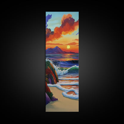 Sunset Waves, Shore, Coastal Framed Canvas Print beach sunset wall art, vibrant ocean wave decor, tropical boho art, iving room art