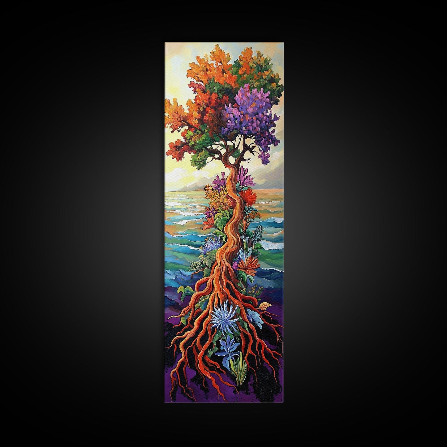 Tree of Life, Vibrant Roots, Abstract Nature Scene, Framed Canvas Print, Bohemian Home Art, Whimsical Bedroom Decor, Colorful Spiritual Art