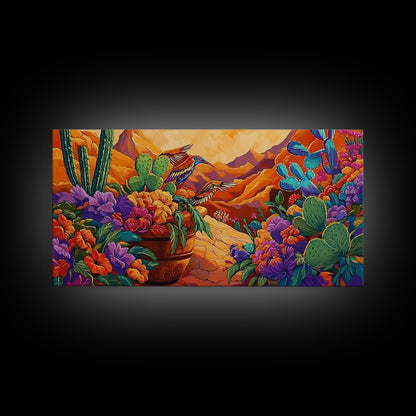 Birds Cactus, Blossoms, Bright Nature Framed Canvas Print, Desert Floral Wall Decor, Southwest Living Room Boho Wall Art