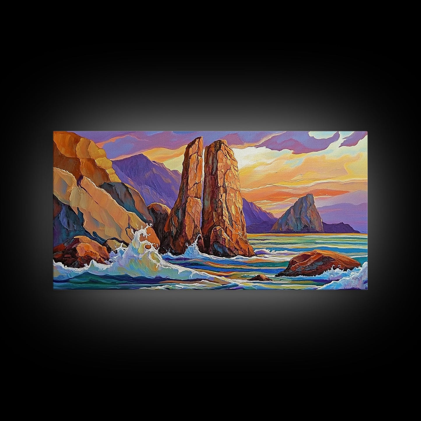 Ocean Rocks, Waves, Sunrise, Framed Canvas Print, Coastal Landscape Art, Nautical Beach Wall Decor, Ocean Sunset Art, Bedroom Accent