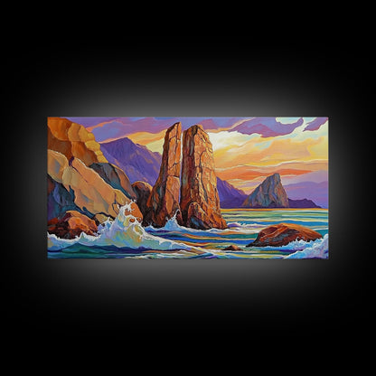 Ocean Rocks, Waves, Sunrise, Framed Canvas Print, Coastal Landscape Art, Nautical Beach Wall Decor, Ocean Sunset Art, Bedroom Accent