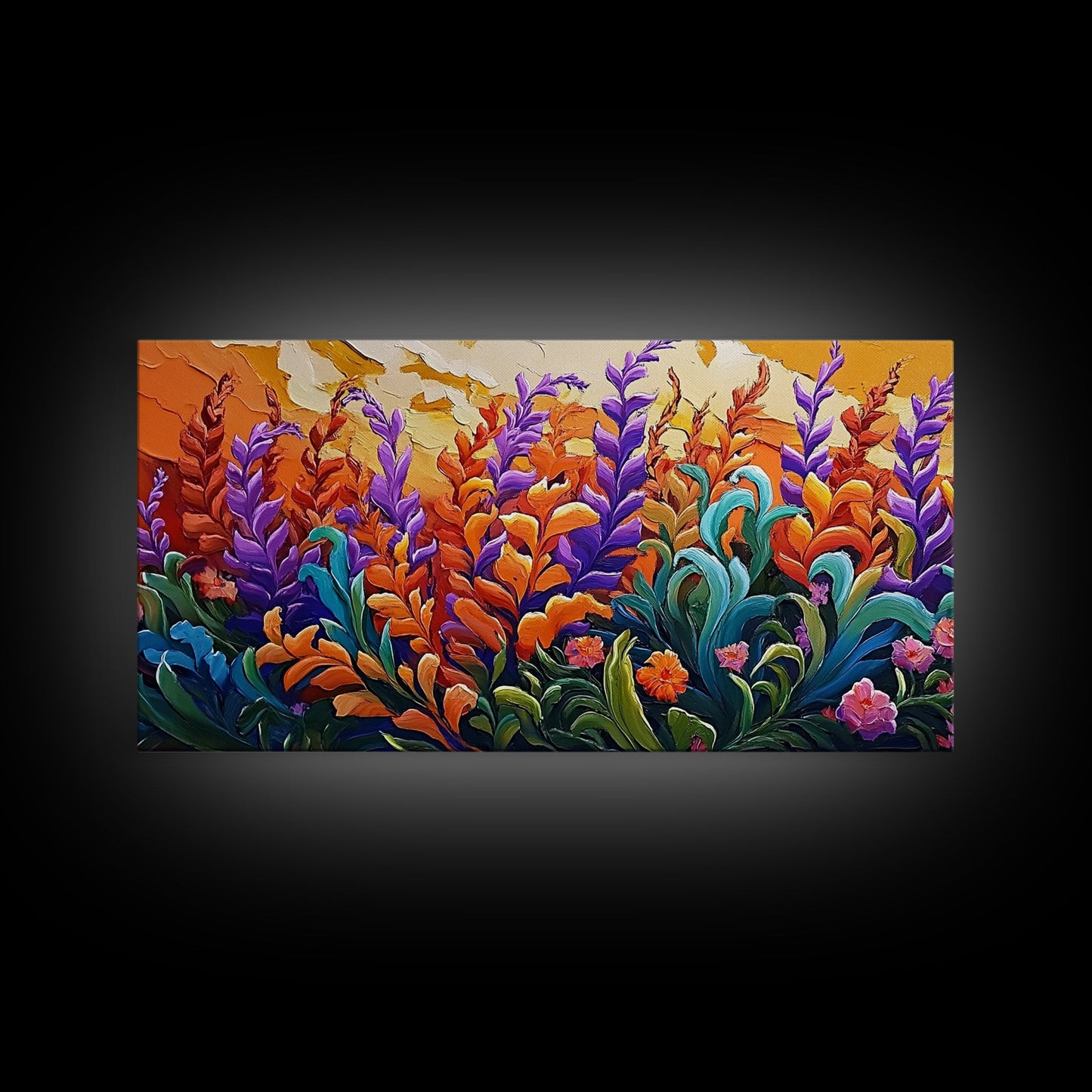 Flowers Sunset, Vibrant, Nature, Framed Canvas Print, Fall Wildflower Art, Boho Floral Wall Decor, Kitchen or Entryway Accent