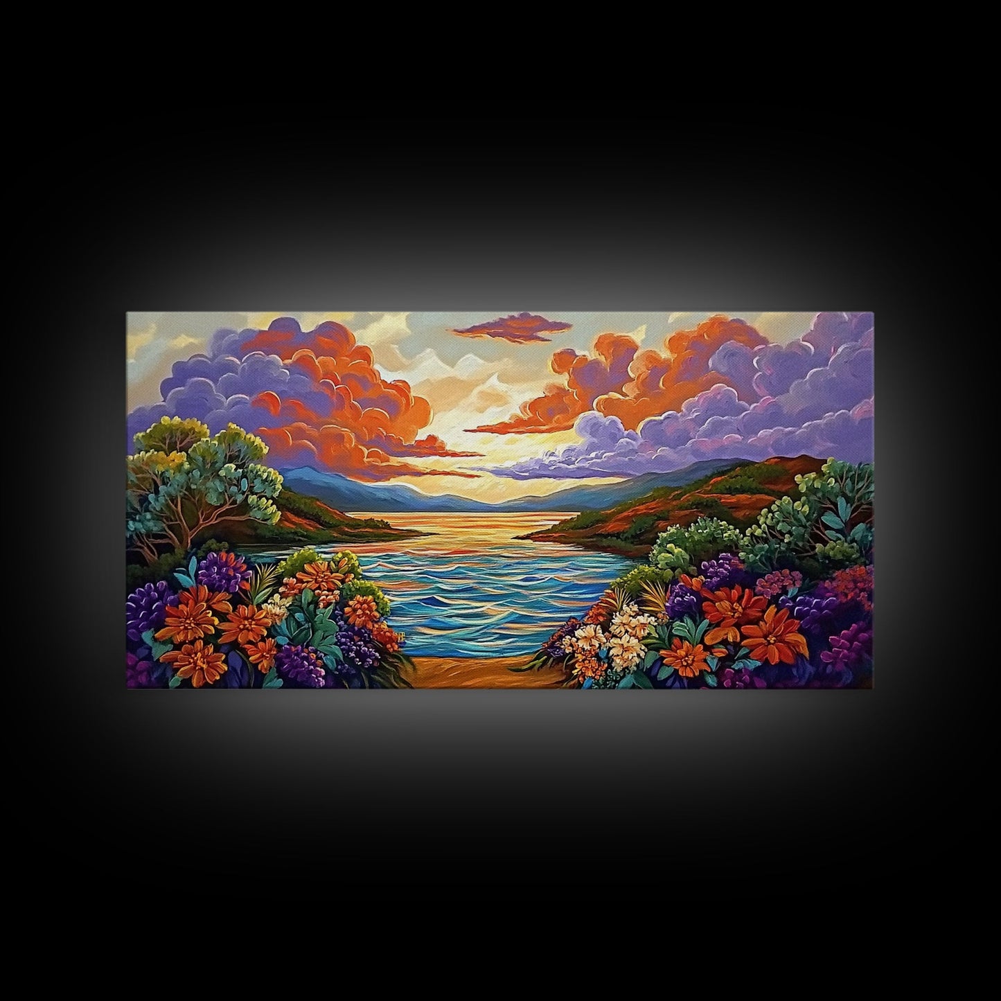 Sunset Floral, Lake, Garden, Framed Canvas Print, romantic nature painting, bedroom wall art, bright flower garden decor, sunset print