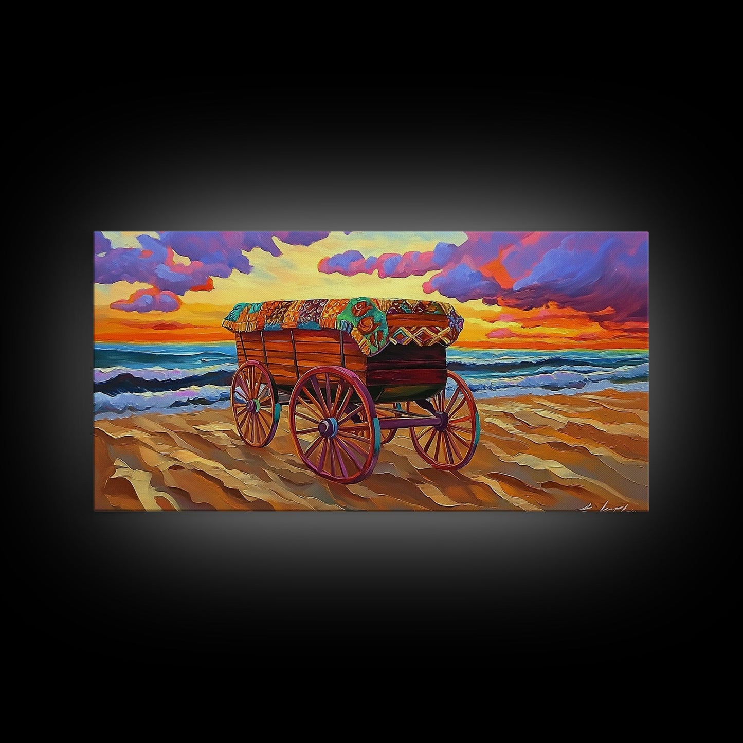 Beach Wagon, Sunset, Decor, Framed Canvas Print western wall art, desert decor, living room boho art, rustic coastal art, beach house